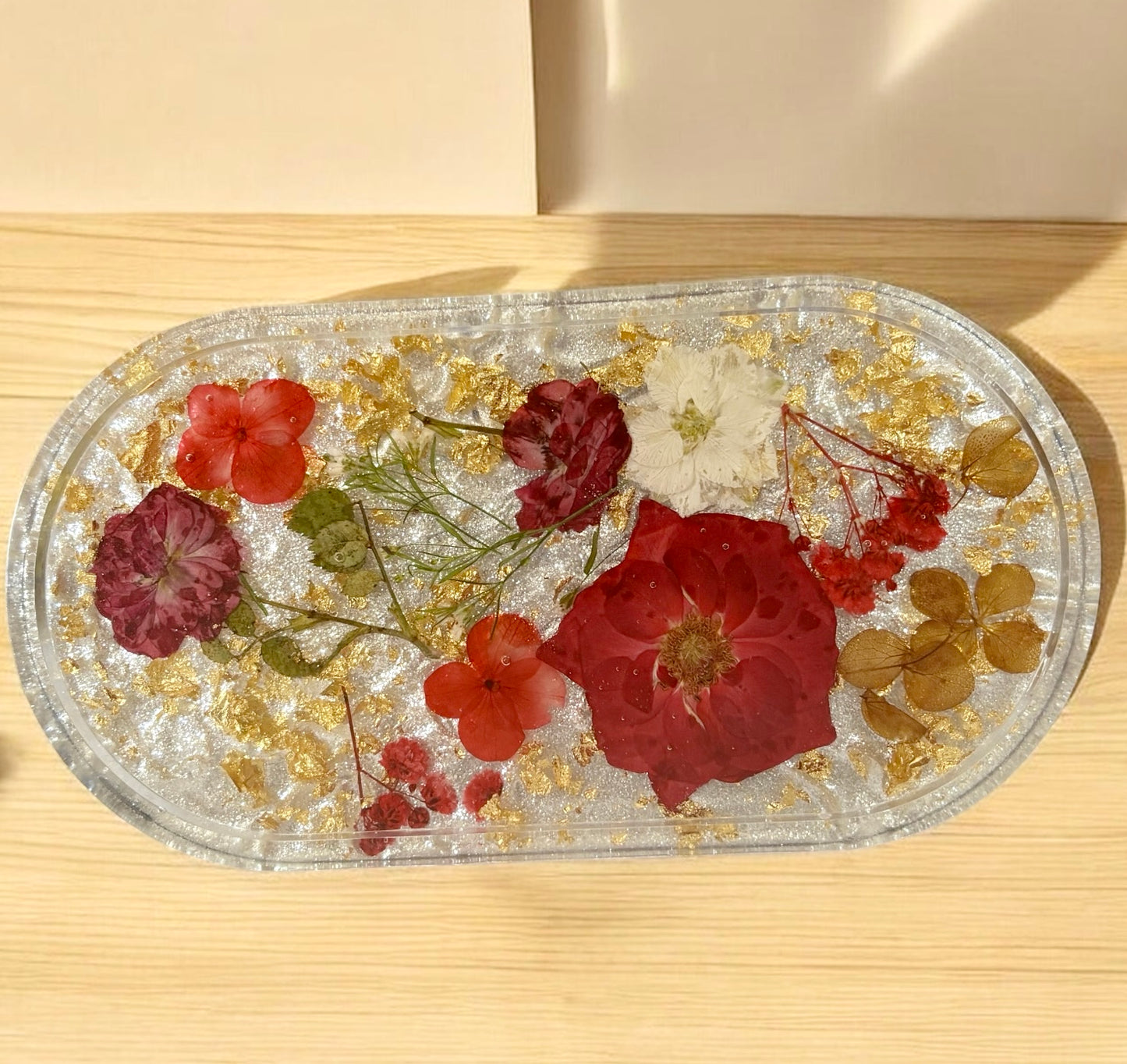 Tray- Floral Tray Red Flowers with Gold Flakes and White Background