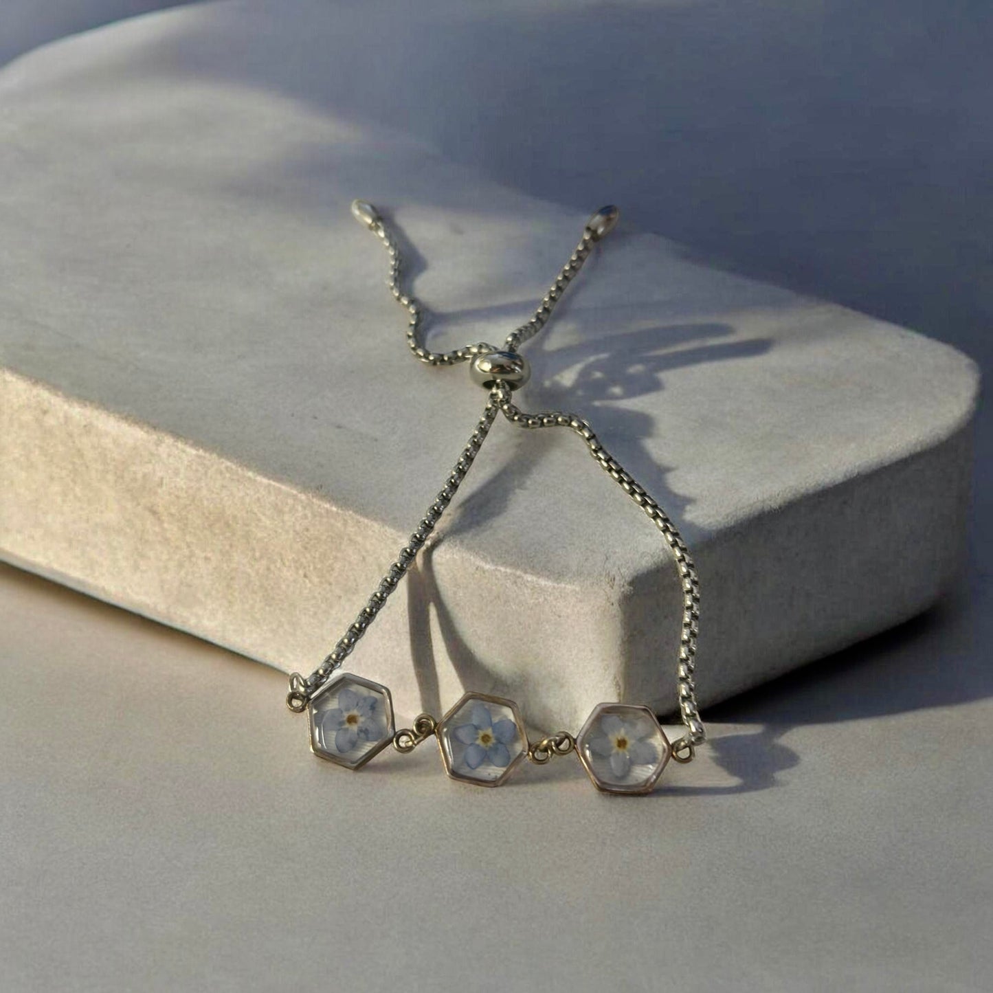 Stainless Steel Floral Adjustable Bracelet with Forget Me Knots Flower (3 flowers , silver color)