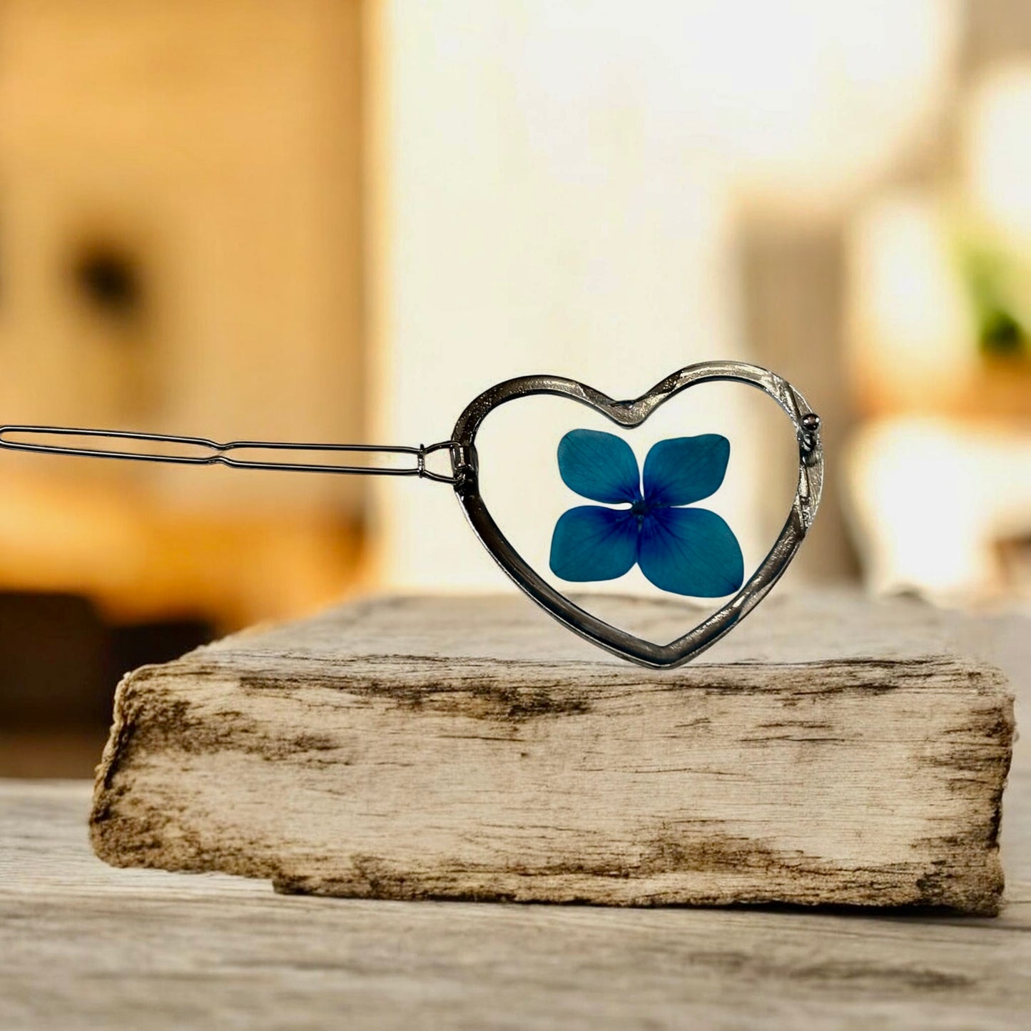 Floral Hair Clip- Heart Shaped with Blue Hydrangea