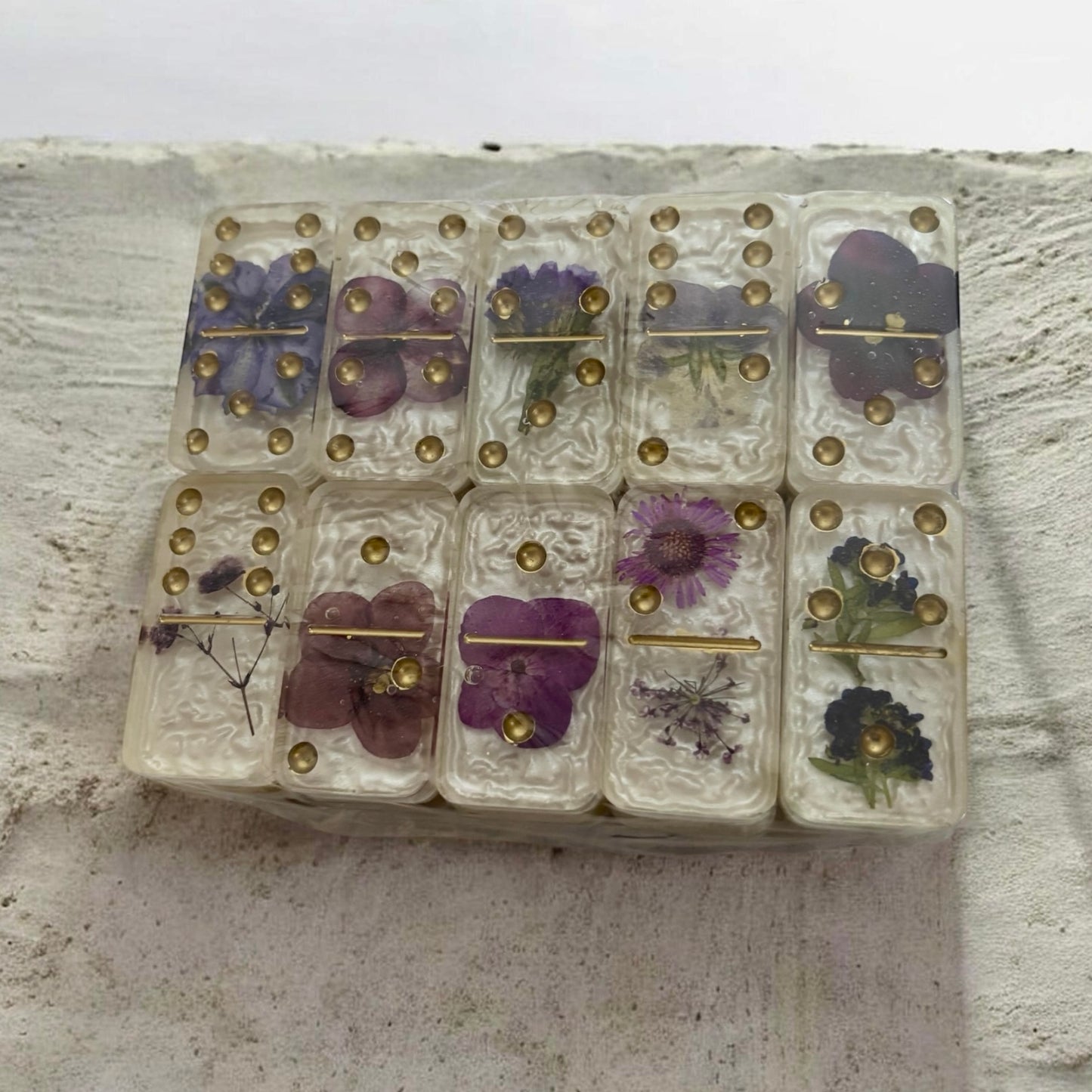 Resin Dominoes (Double Six, Florals)- Purple Pressed Flowers with White Background