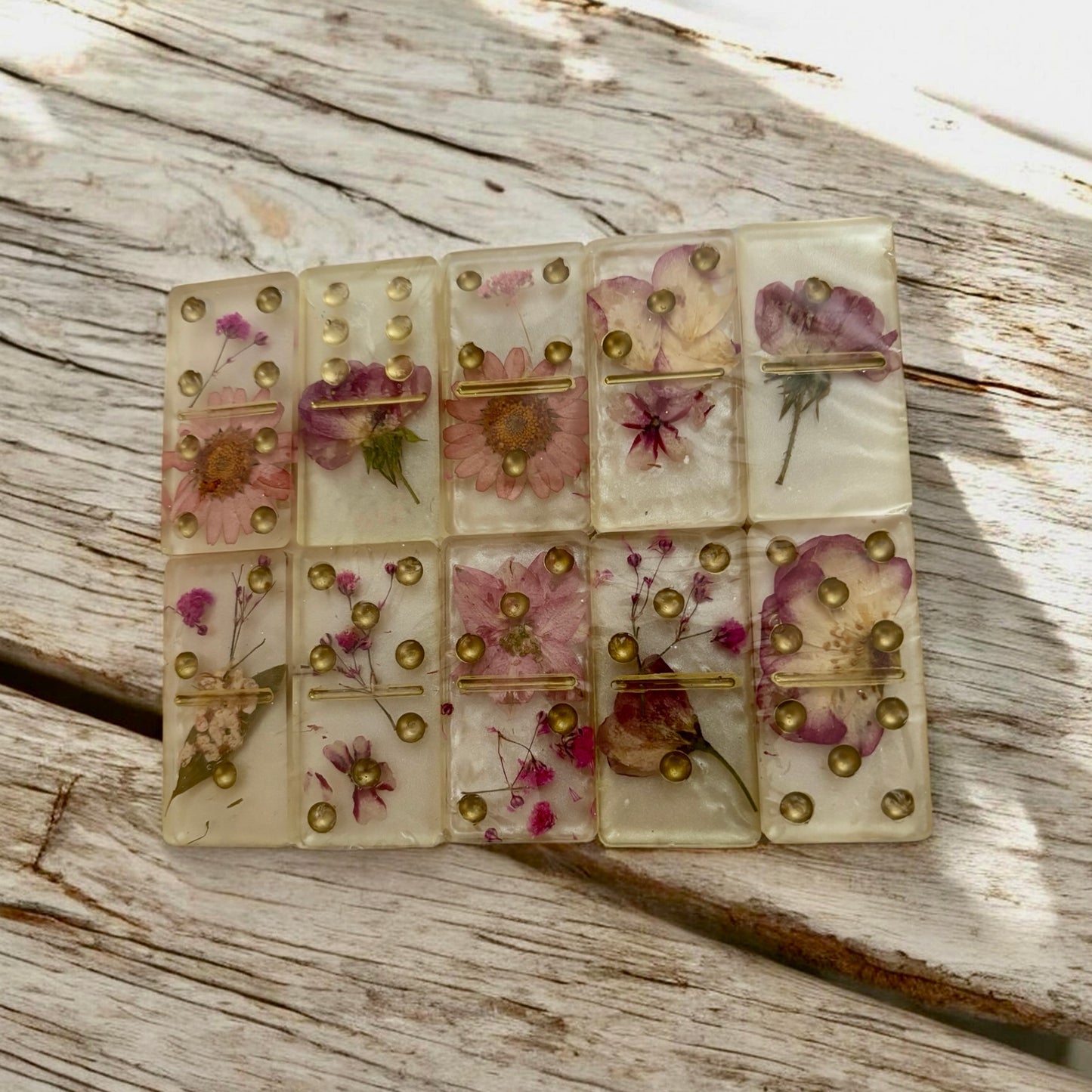 Resin Dominoes (Double Six, Florals)- Mixed Pink Pressed Flowers with White Background