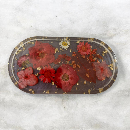 Tray- Floral Tray Red Flowers with Gold Flakes and Black Background