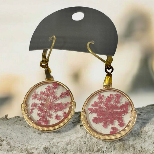 Earrings- Hypoallergenic Stainless Steel Pink Queen Anne Lace