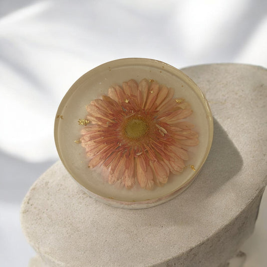 Coaster- Round Shaped with Orange Gerbera Daisy and Gold Foil