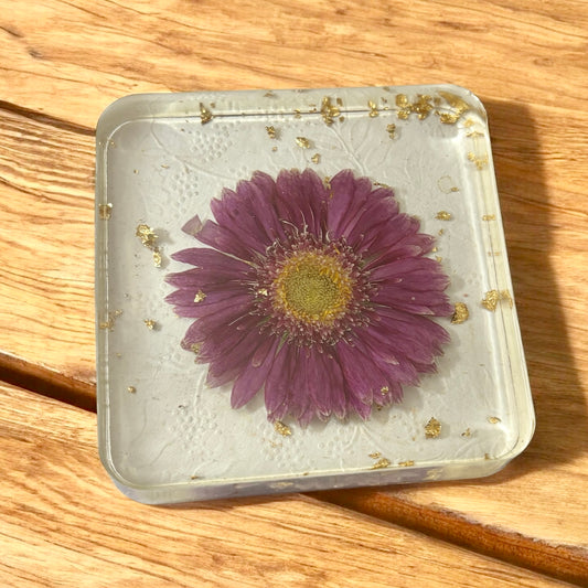Coaster- Square Shaped Pressed Purple Gerbera Flower and Gold Foil