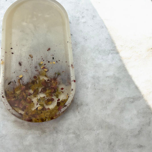 Tray- Floral Tray Red and Yellow Rose Petals with Gold Flakes and White Background