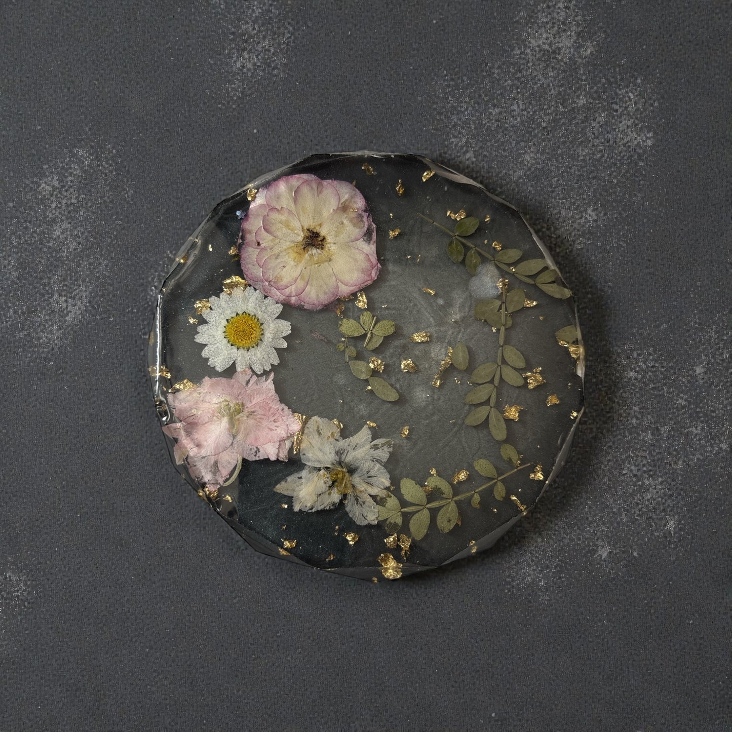 Coaster- Pink Rose, Pink Larkspur, White Daisy and Gold Foil with Black Background