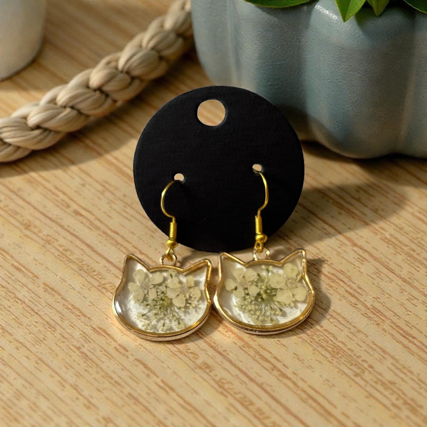 Earrings- Cat Shape with Queen Anne Lace and Forget Me Knots