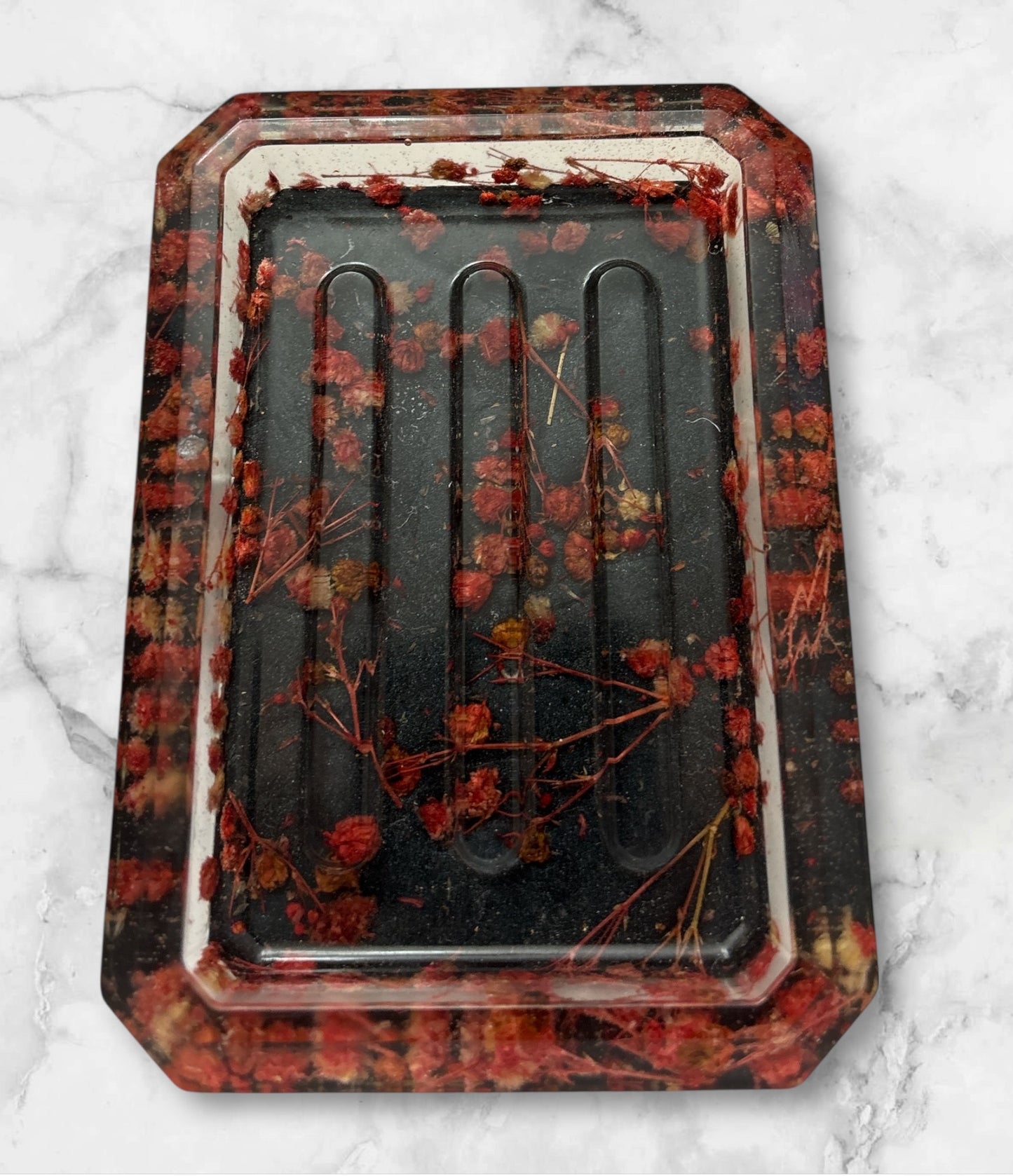 Soap Dish-Red Baby's Breath and Black Background