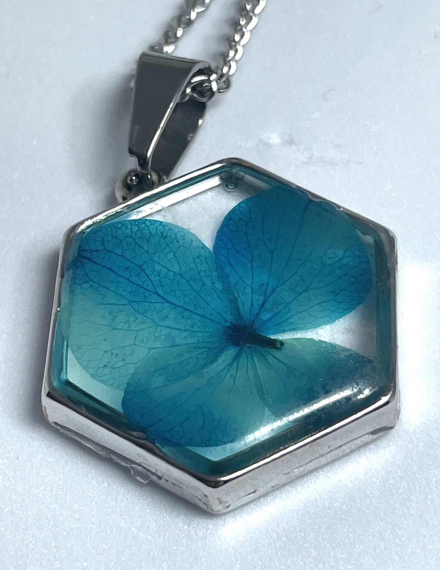 Necklace- Blue Hydrangea Hexagon Pendant