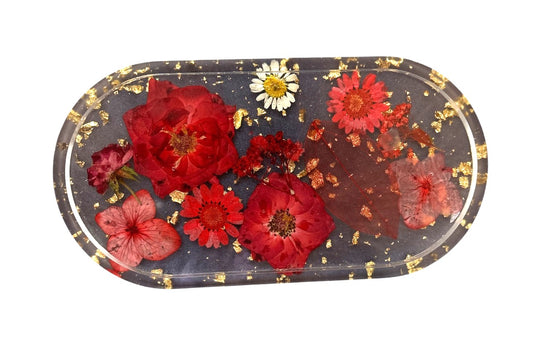 Tray- Floral Tray Red Flowers with Gold Flakes and Black Background