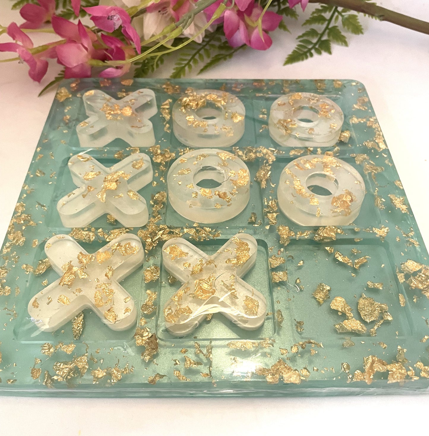 Large Tic Tac Toe Board- Green background and Gold Foil Leaf