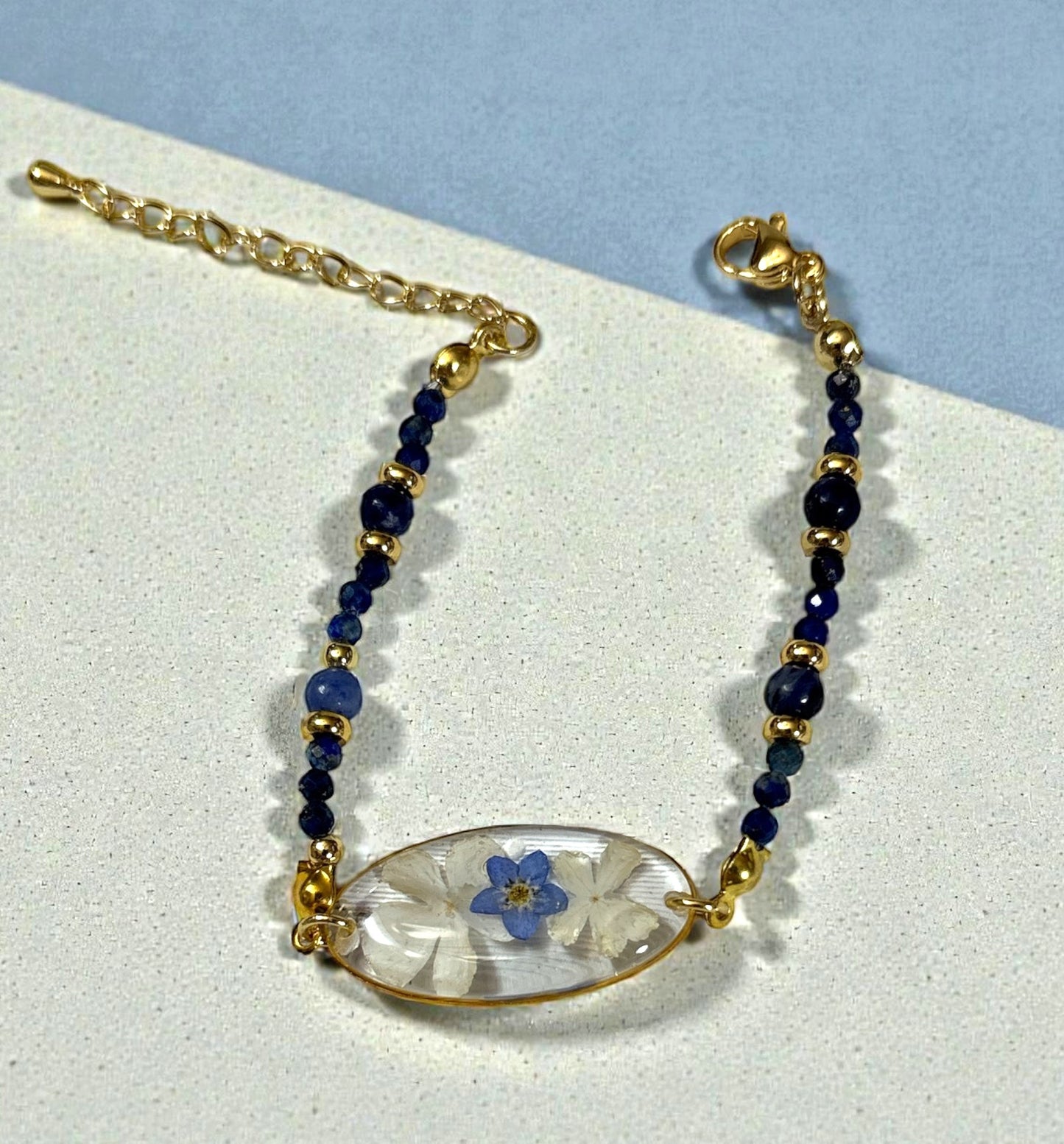 Stainless Steel Floral Crystal Bracelet- Lapis Lazuli