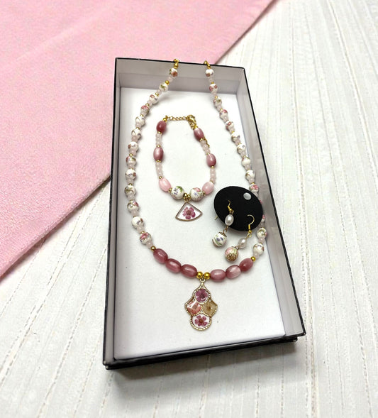 Necklace- Pink Floral Porcelain Set