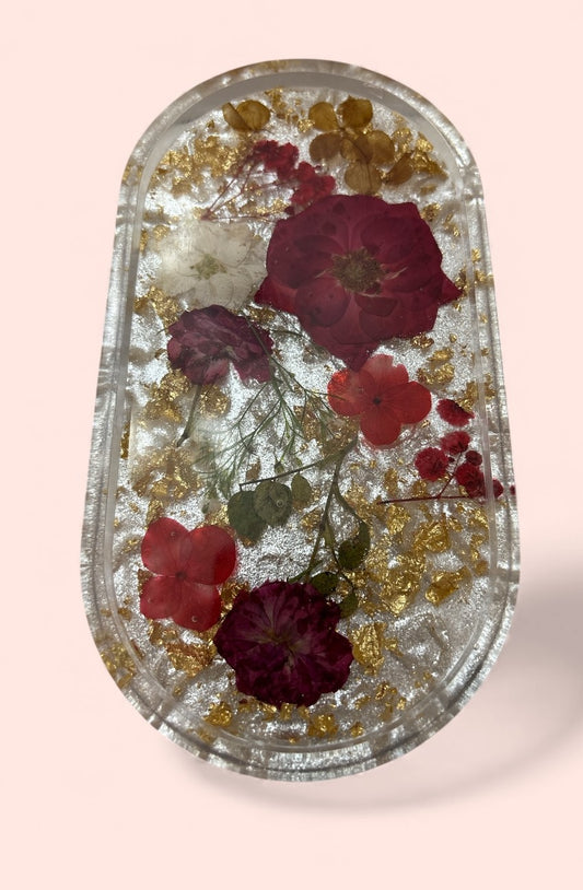 Tray- Floral Tray Red Flowers with Gold Flakes and White Background