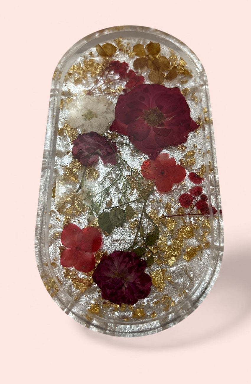 Tray- Floral Tray Red Flowers with Gold Flakes and White Background
