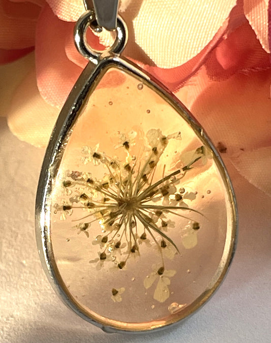 Necklace- White Queen Anne Lace Teardrop Pendant