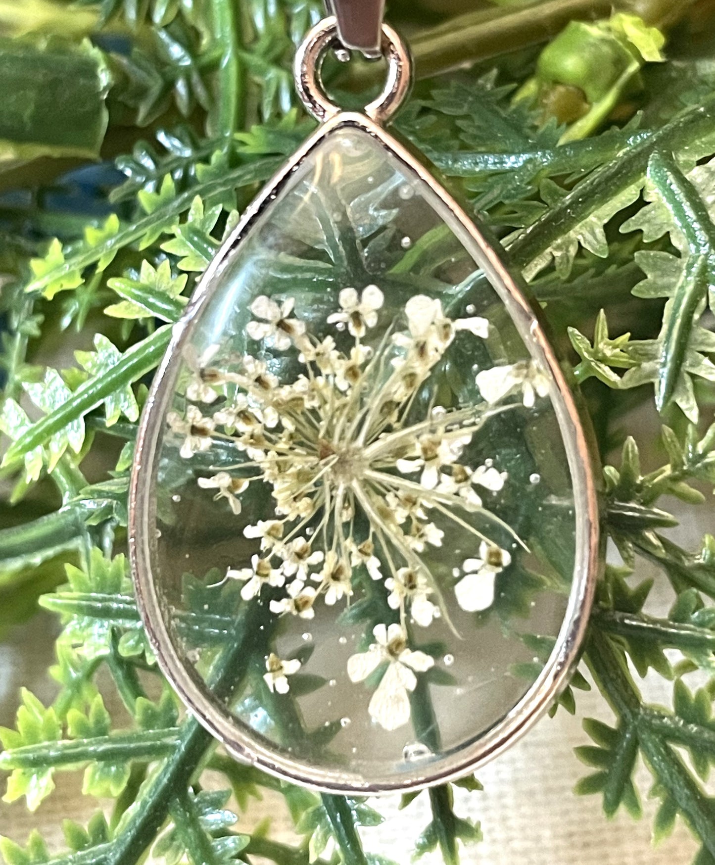 Necklace-White Queen Anne Lace Teardrop Pendant