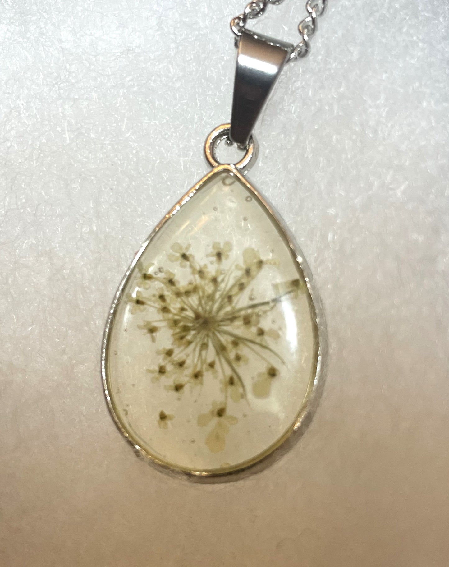 Necklace-White Queen Anne Lace Teardrop Pendant