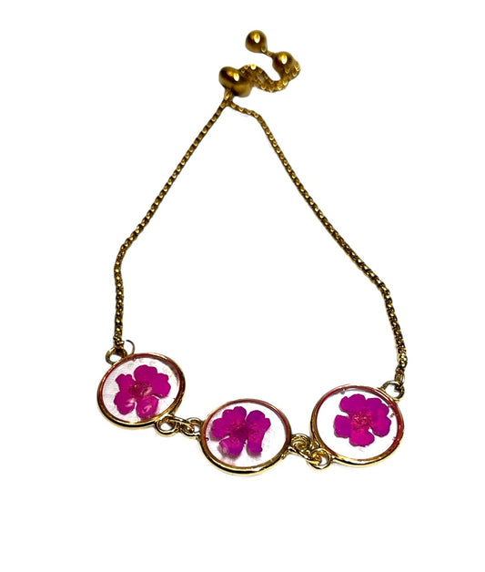 Stainless Steel Floral Adjustable Bracelet with Forget Me Knots Flower (3 flowers , gold color)