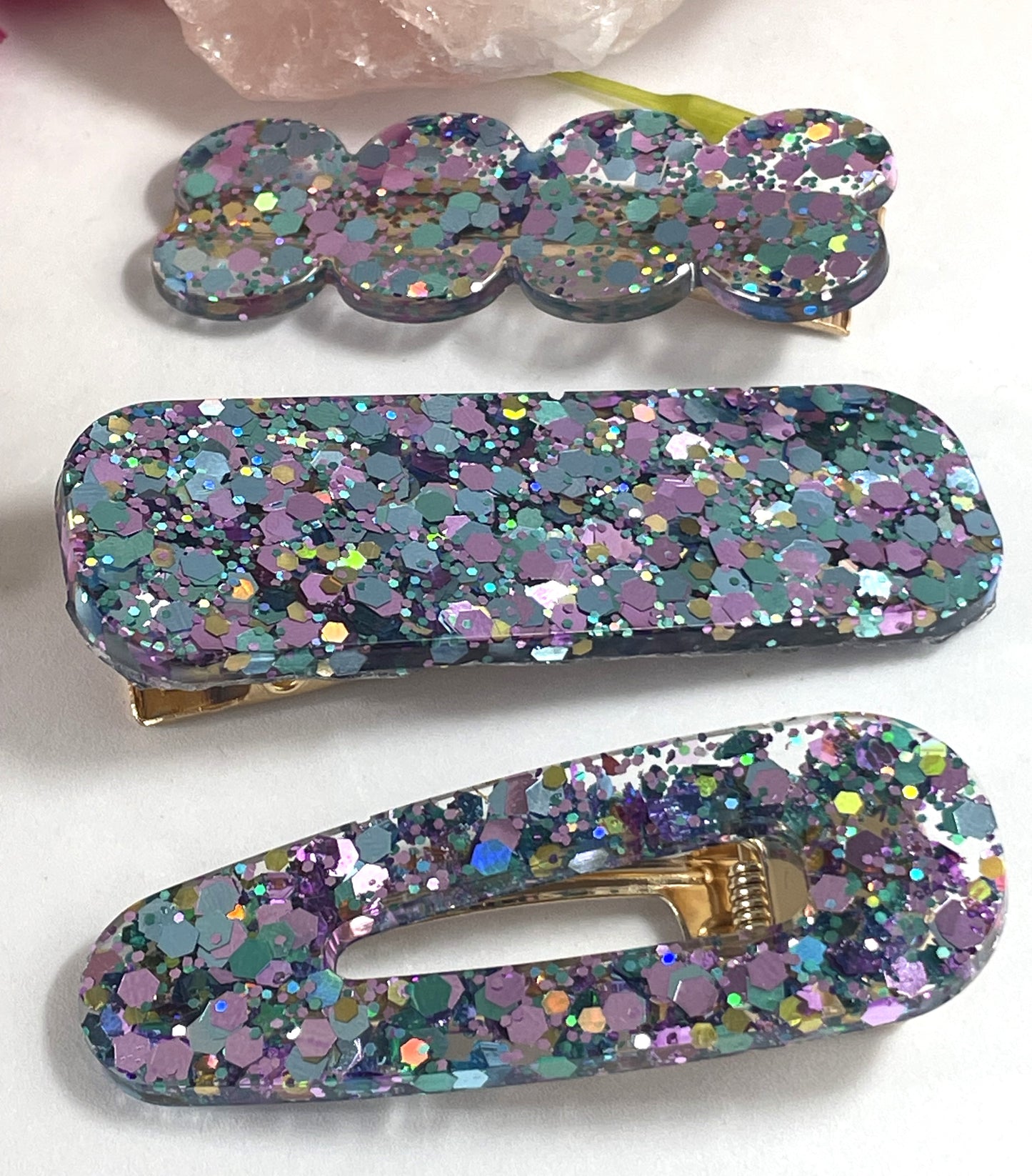 Hair Clips -Blue and Pink Glitter (Set of 3)