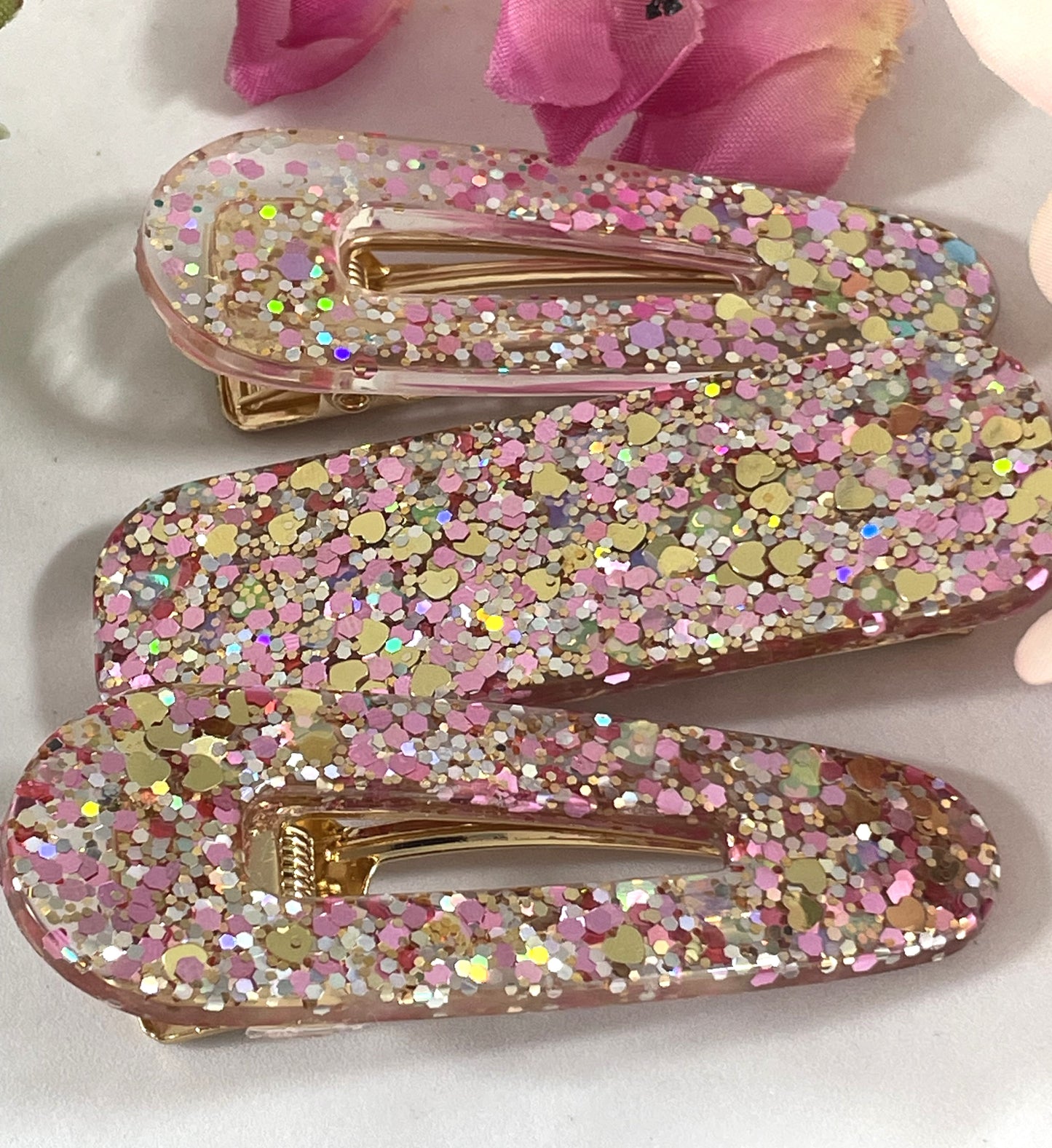 Hair Clips -Light Pink and Gold Glitter (Set of 3)