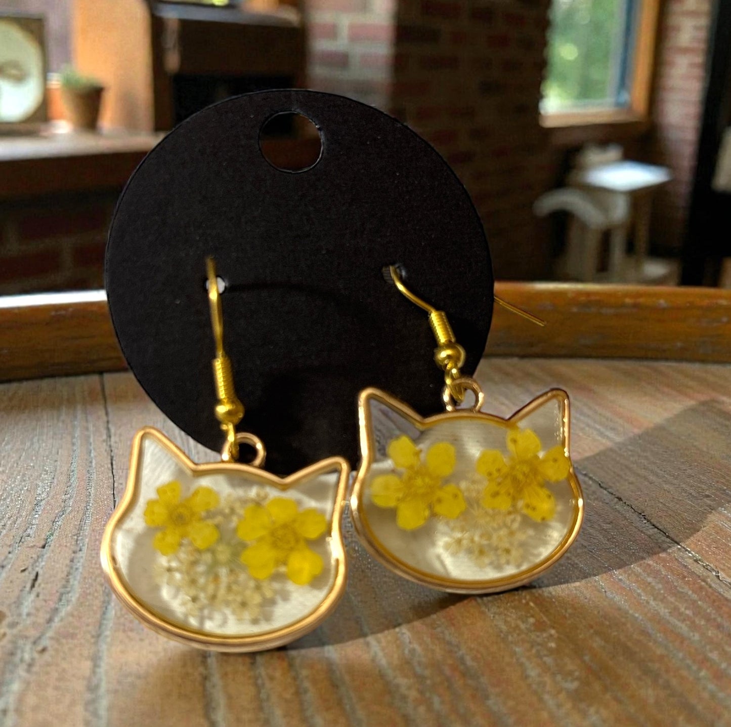 Earrings- Cat Shape with Queen Anne Lace and Forget Me Knots