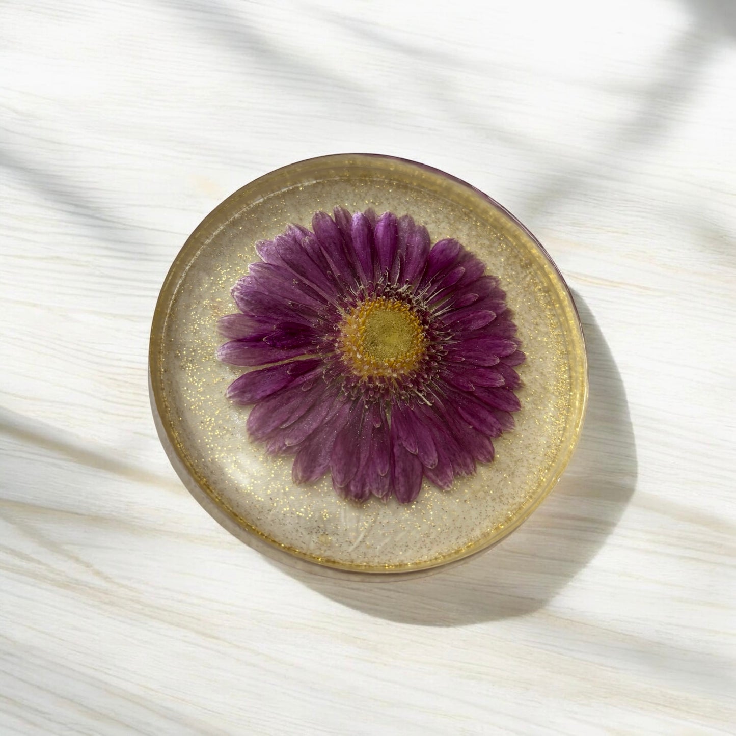 Coaster- Round Shaped with Purple Gerbera Daisy and Gold Glitter