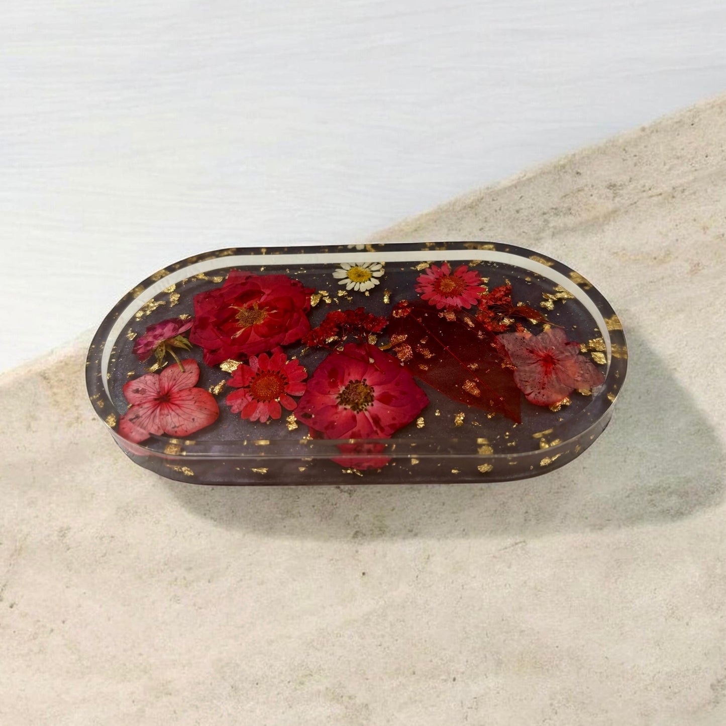 Tray- Floral Tray Red Flowers with Gold Flakes and Black Background