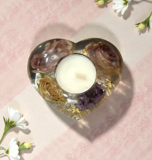 Candle- Heart Shaped Tealight with Pink, Yellow and Purple Rose