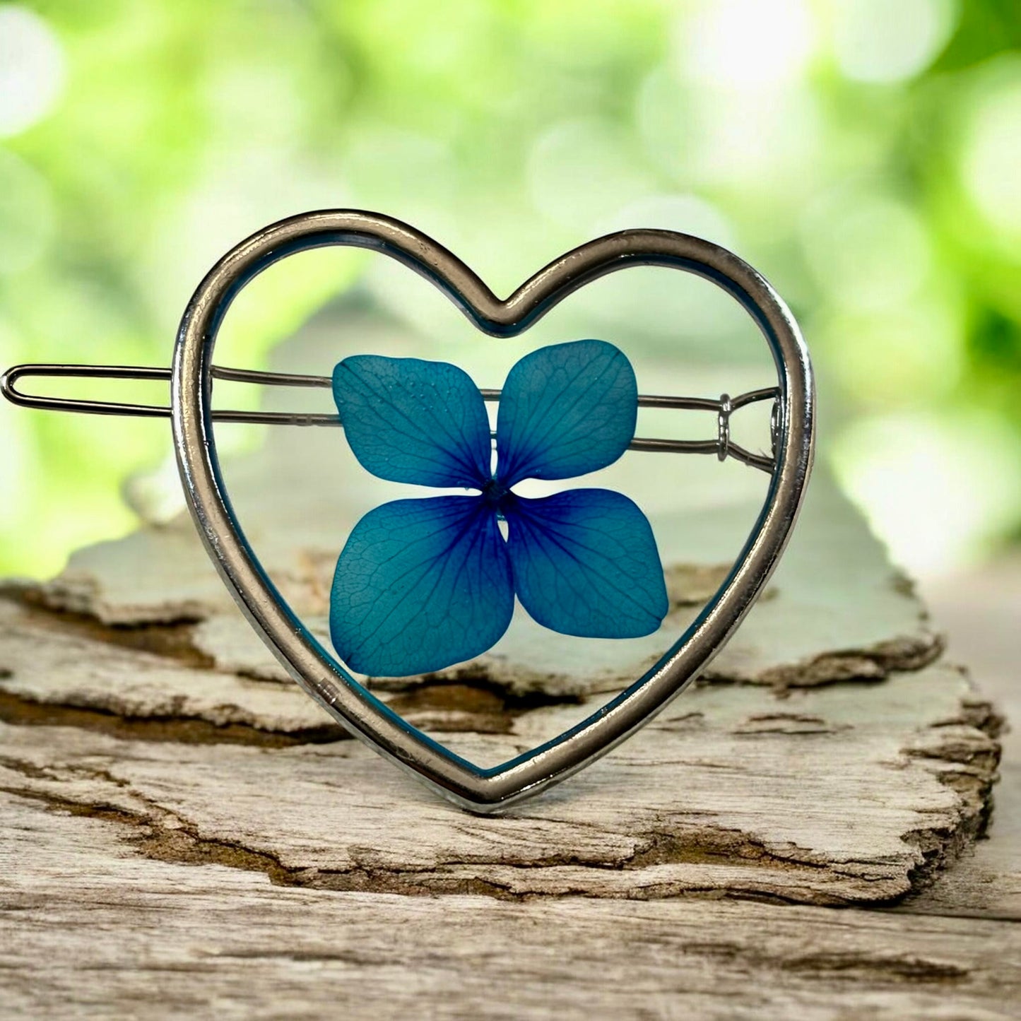Floral Hair Clip- Heart Shaped with Blue Hydrangea