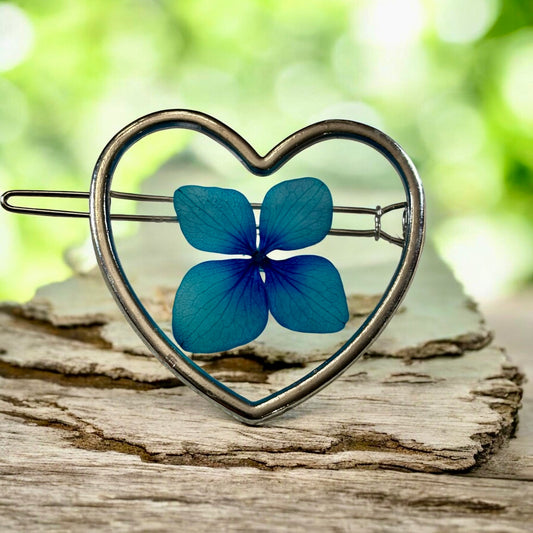 Floral Hair Clip- Heart Shaped with Blue Hydrangea