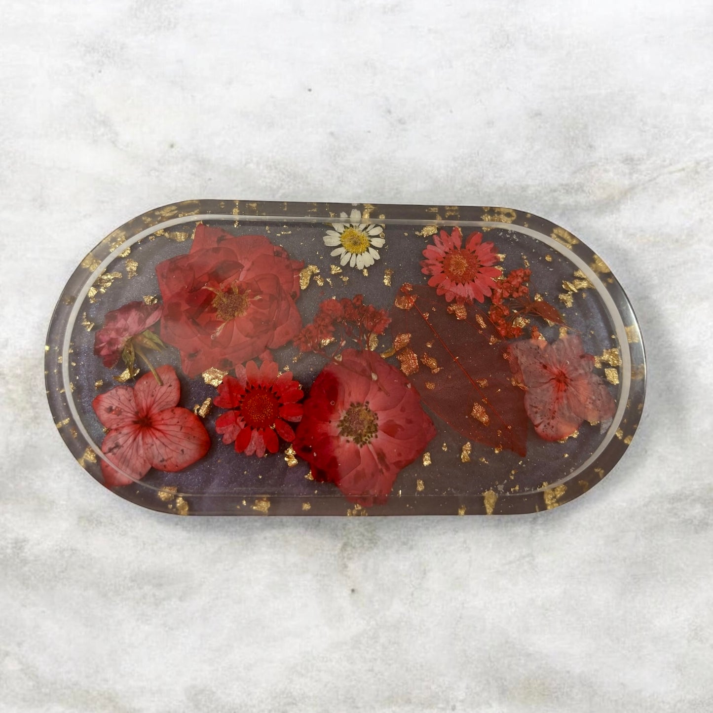 Tray- Floral Tray Red Flowers with Gold Flakes and Black Background