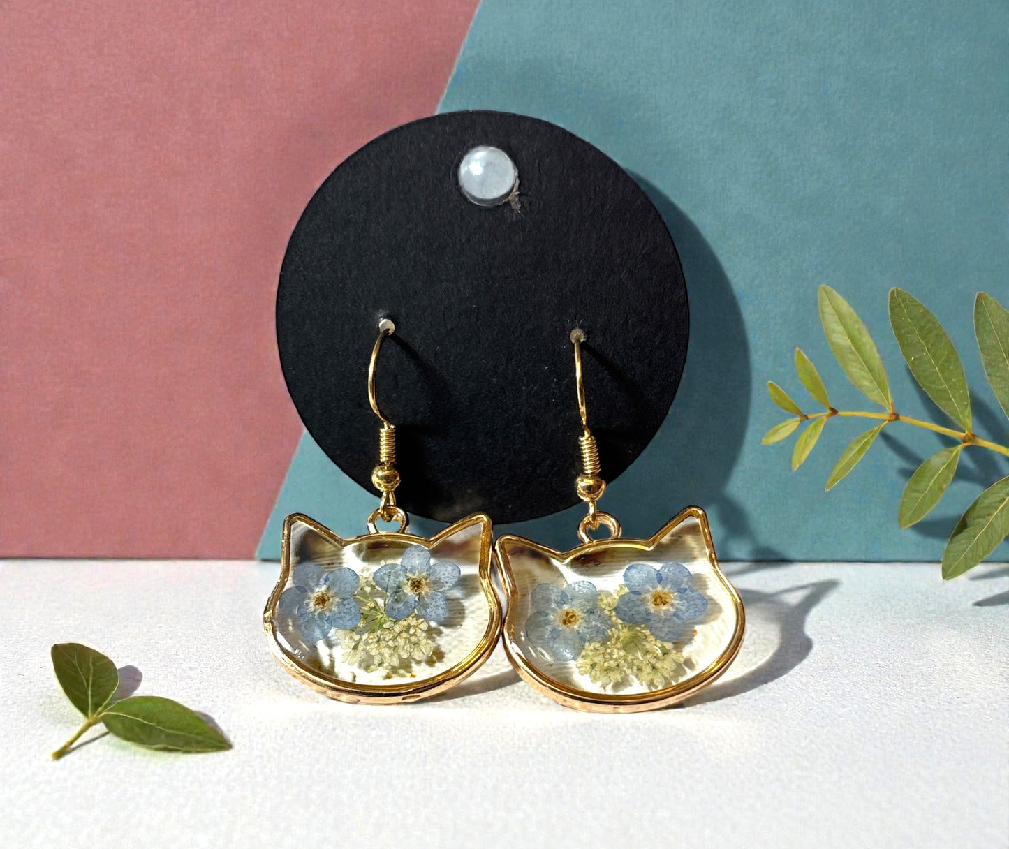 Earrings- Cat Shape with Queen Anne Lace and Forget Me Knots