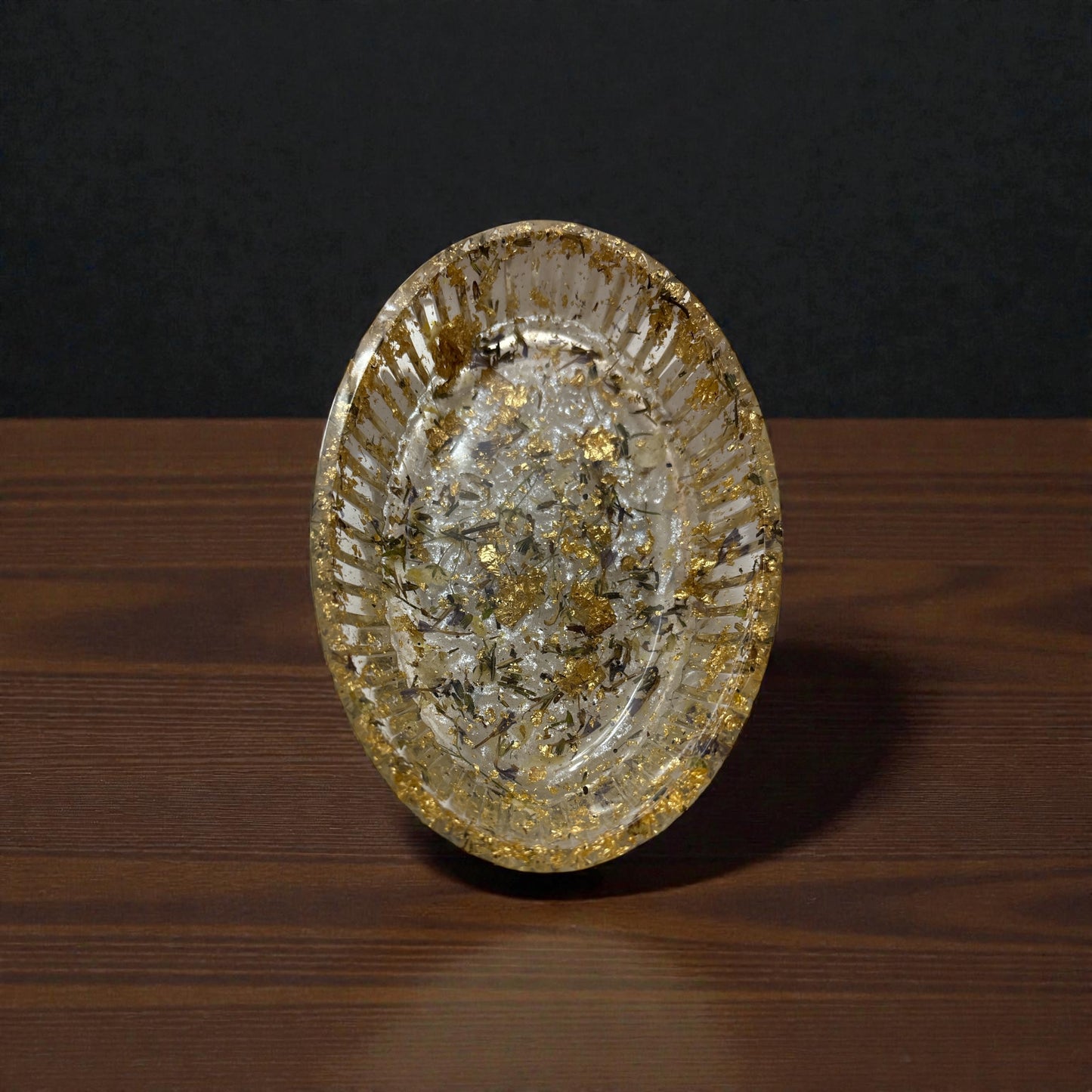 Soap Dish-Gold Flake, White Baby's Breath and White Background