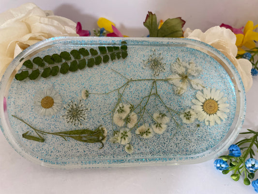 Tray- Floral Tray Mixed White Pressed Flowers in Blue Background