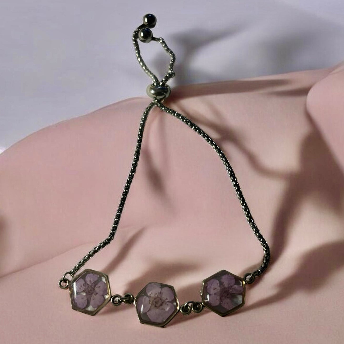Stainless Steel Floral Adjustable Bracelet with Forget Me Knots Flower (3 flowers , silver color)