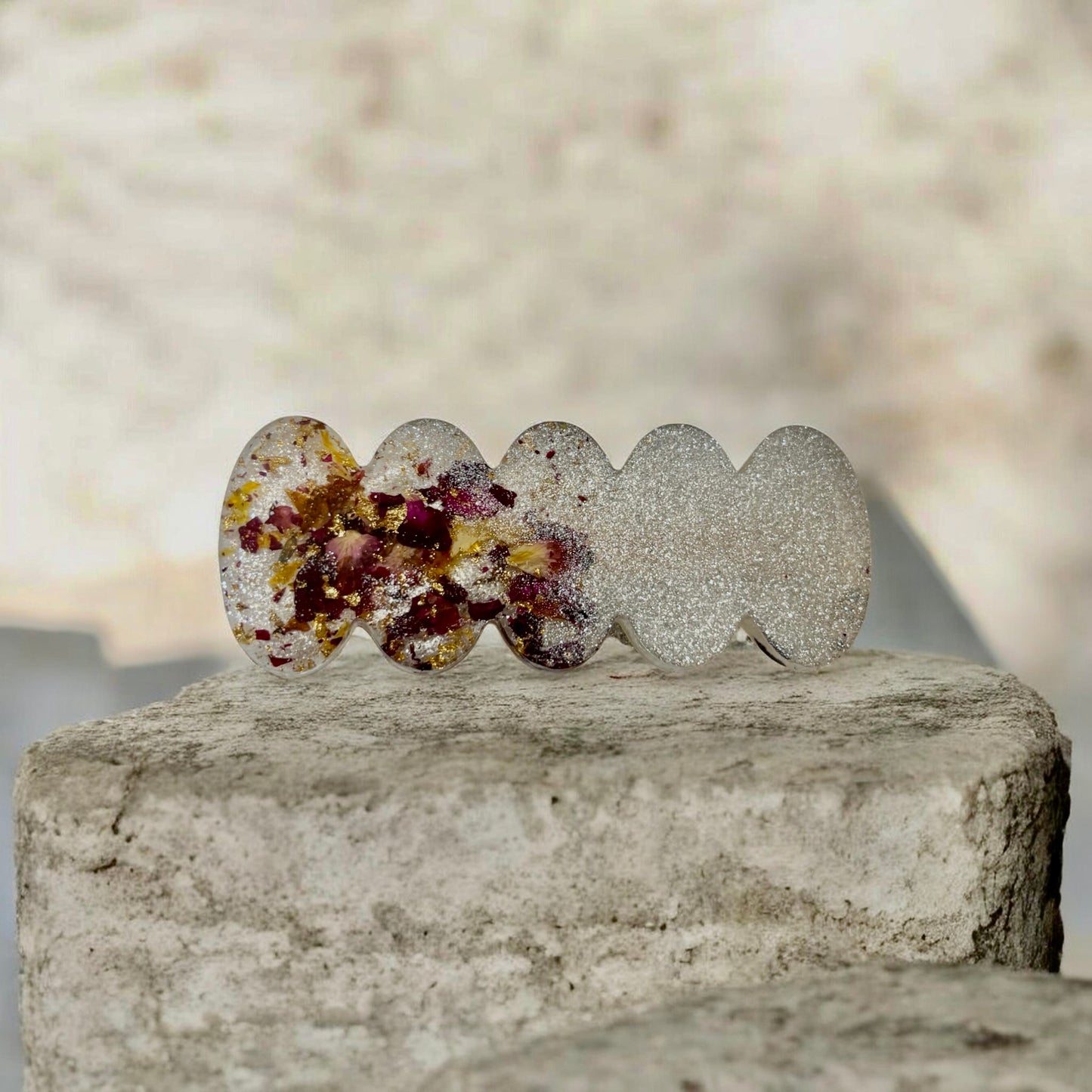Floral Hair Clip- Dried Rose Petals and white mica powder