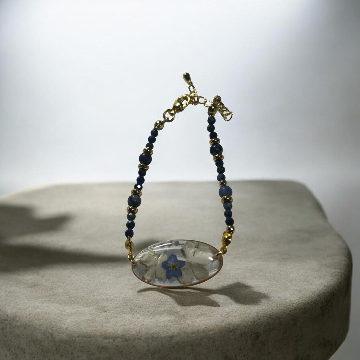 Stainless Steel Floral Crystal Bracelet- Lapis Lazuli