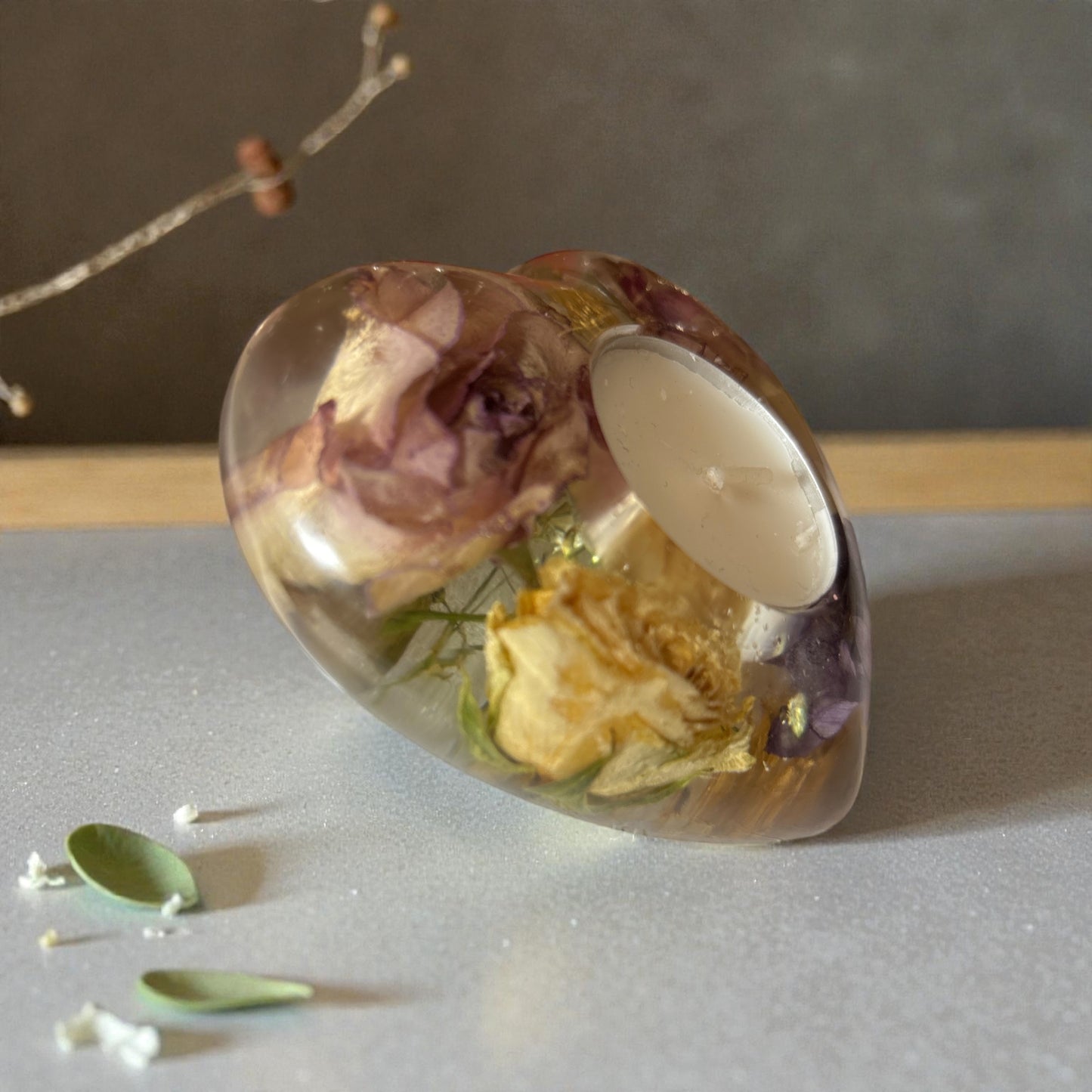 Candle- Heart Shaped Tealight with Pink, Yellow and Purple Rose