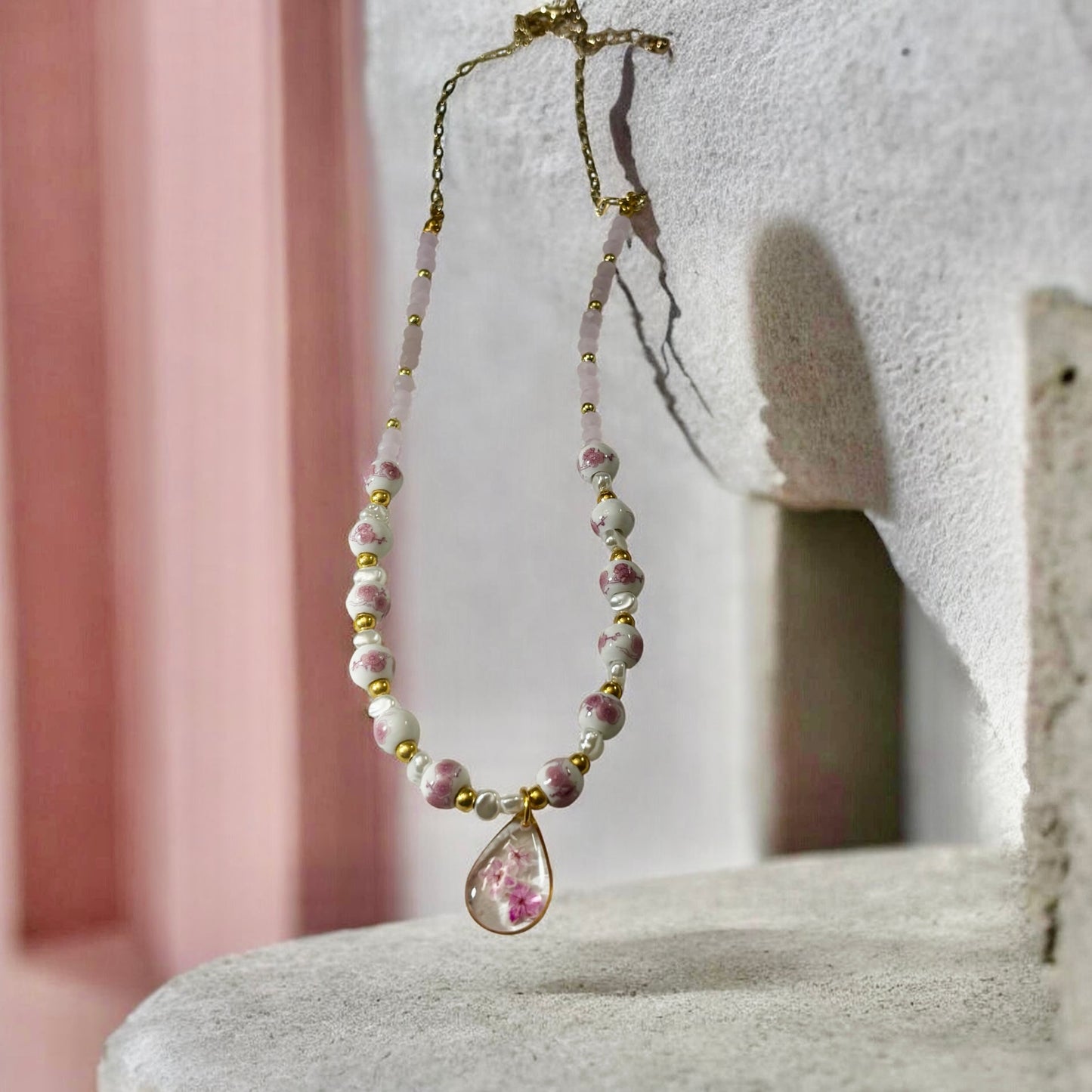 Necklace- Rose Quartz Crystal Porcelain Floral Teardrop