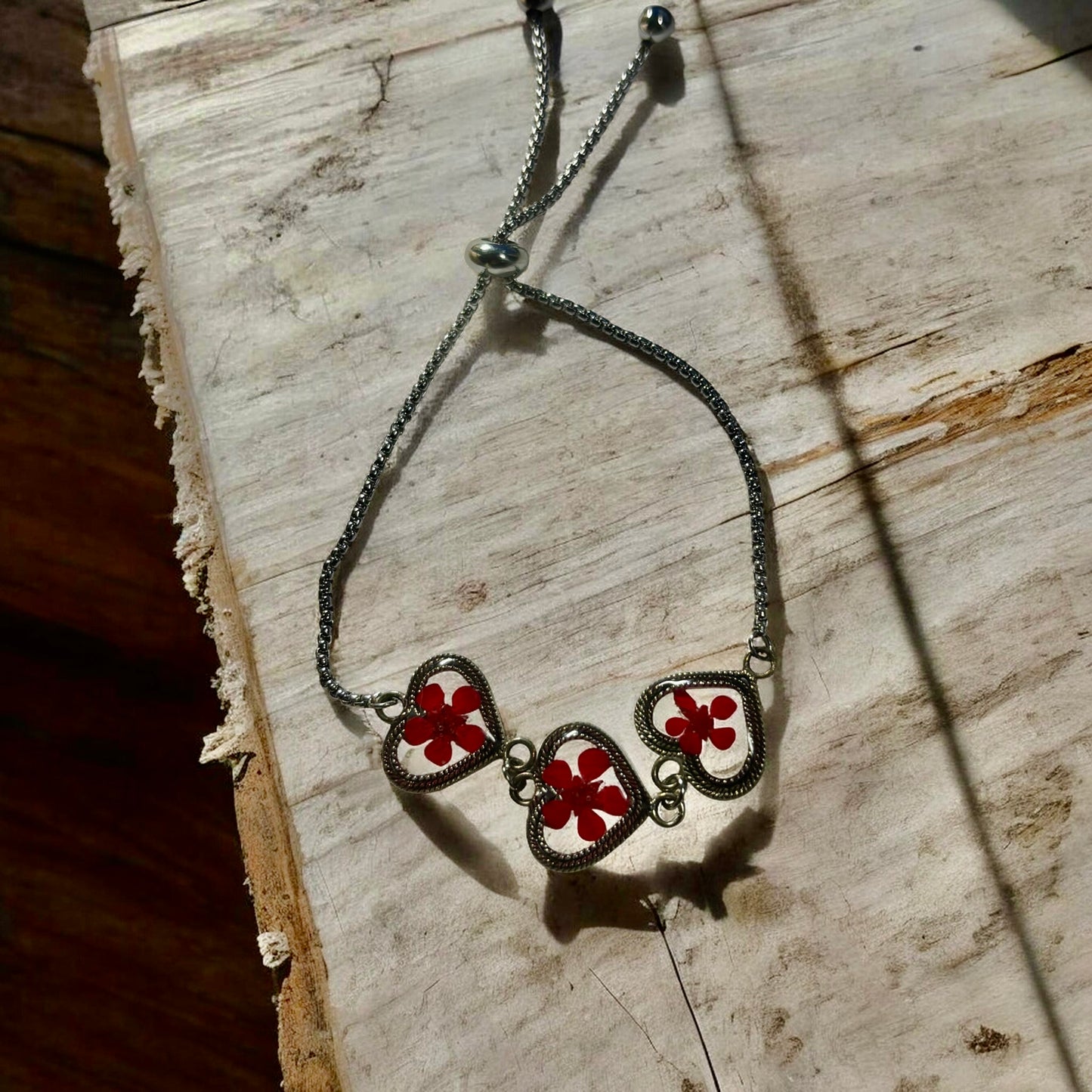 Stainless Steel Floral Adjustable Bracelet with Forget Me Knots Flower (3 flowers , silver color)