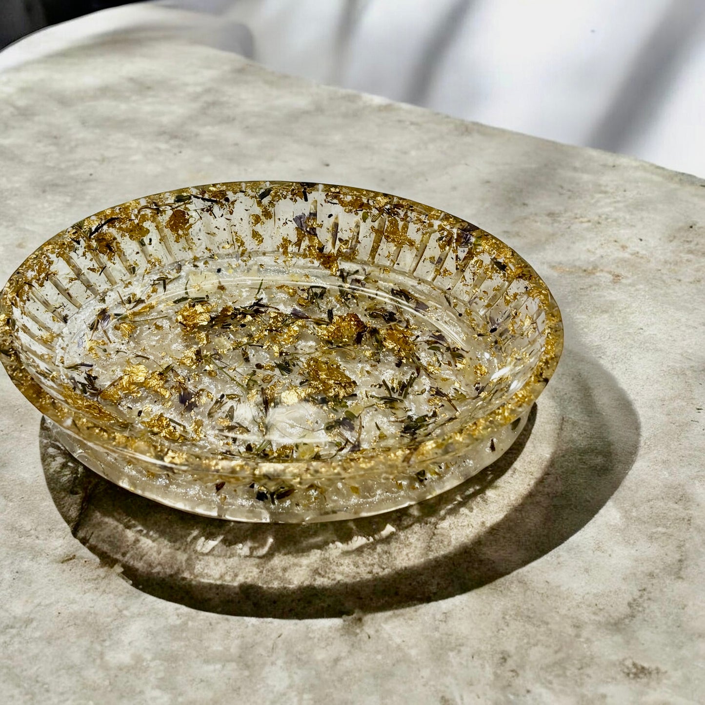 Soap Dish-Gold Flakes, Blue  Baby' Breath and White Background