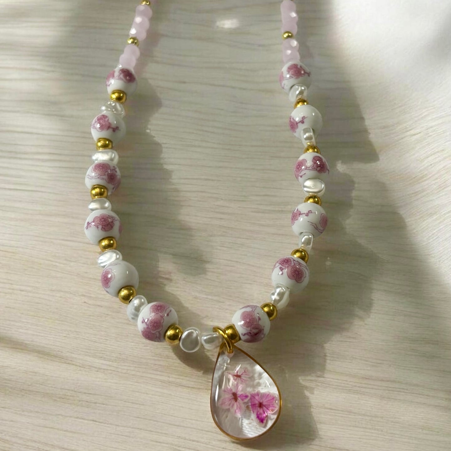 Necklace- Rose Quartz Crystal Porcelain Floral Teardrop