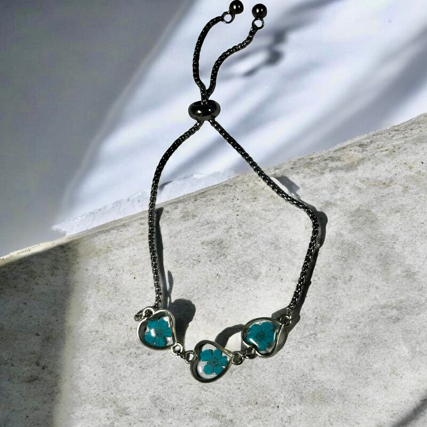 Stainless Steel Floral Adjustable Bracelet with Forget Me Knots Flower (3 flowers , gold color)