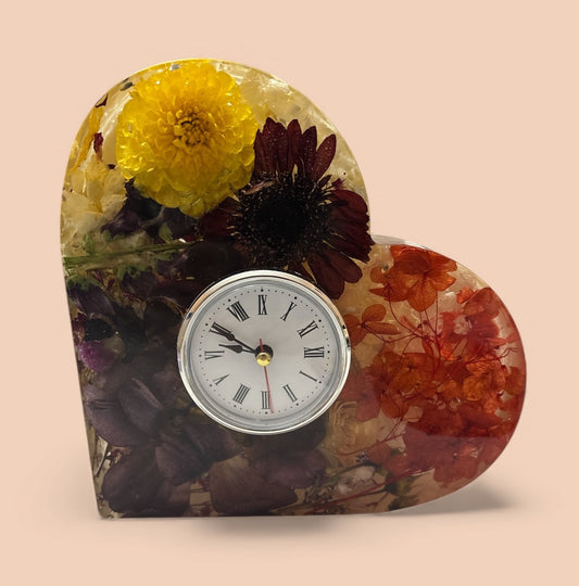 Clock-Floral Heart Shaped Self Standing- Roses, hydrangeas, purple flowers