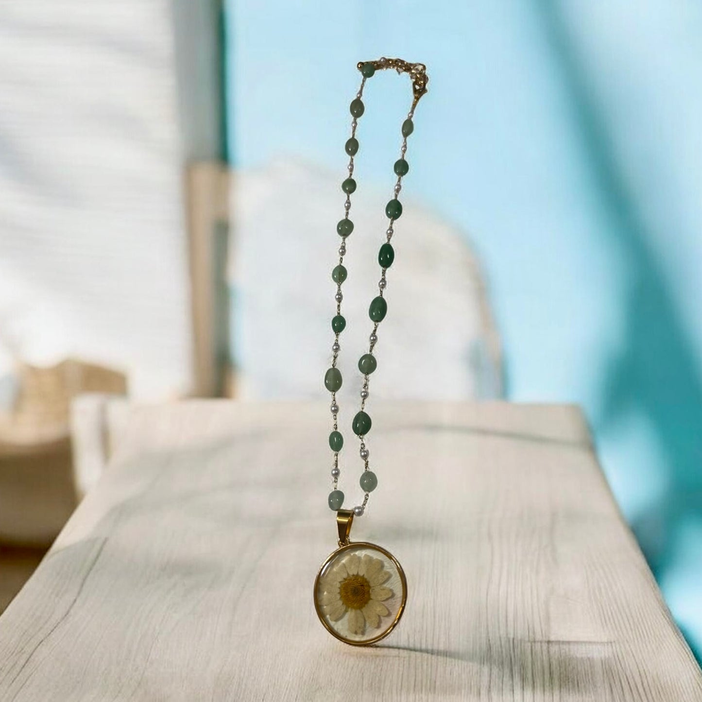 Necklace- Green Beaded White Daisy Flower Circular Pendant