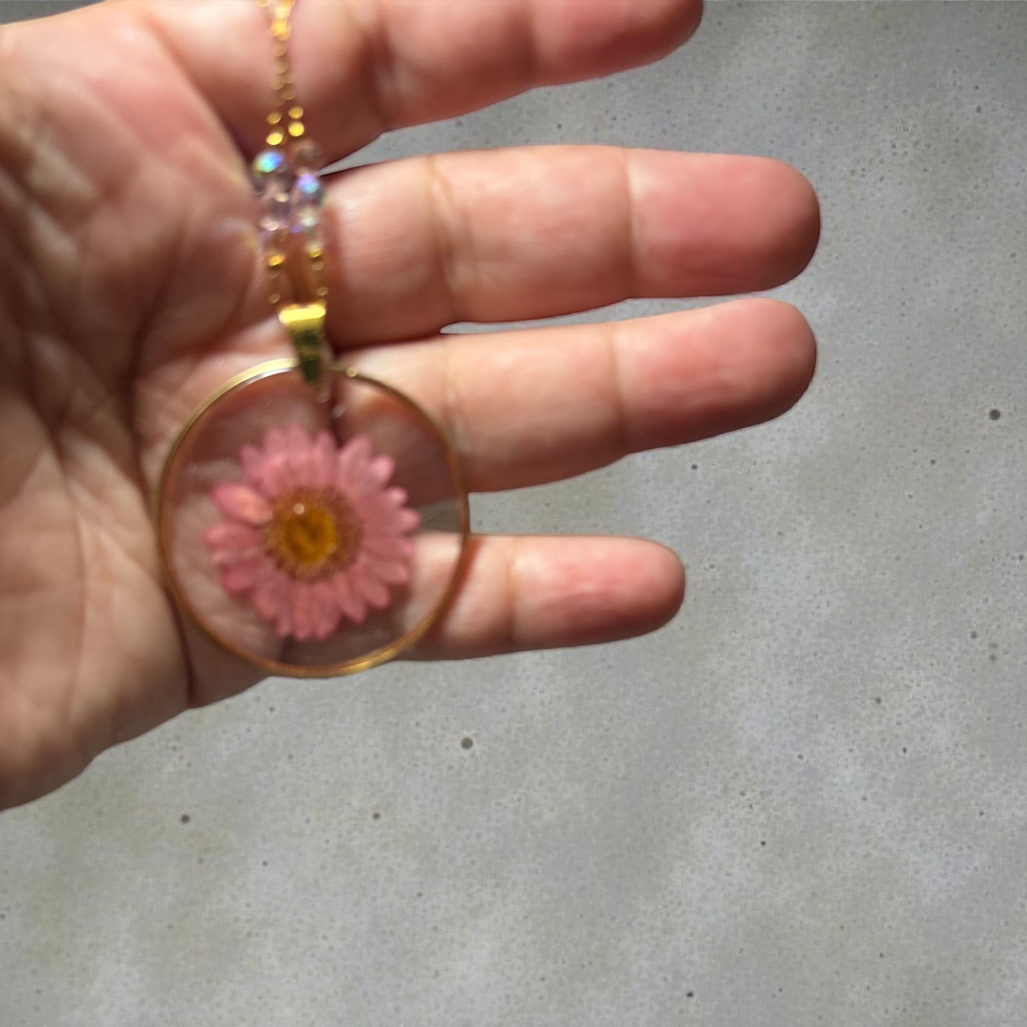 Necklace- Pink Daisy Flower Circular Pendant