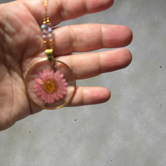 Necklace- Pink Daisy Flower Circular Pendant