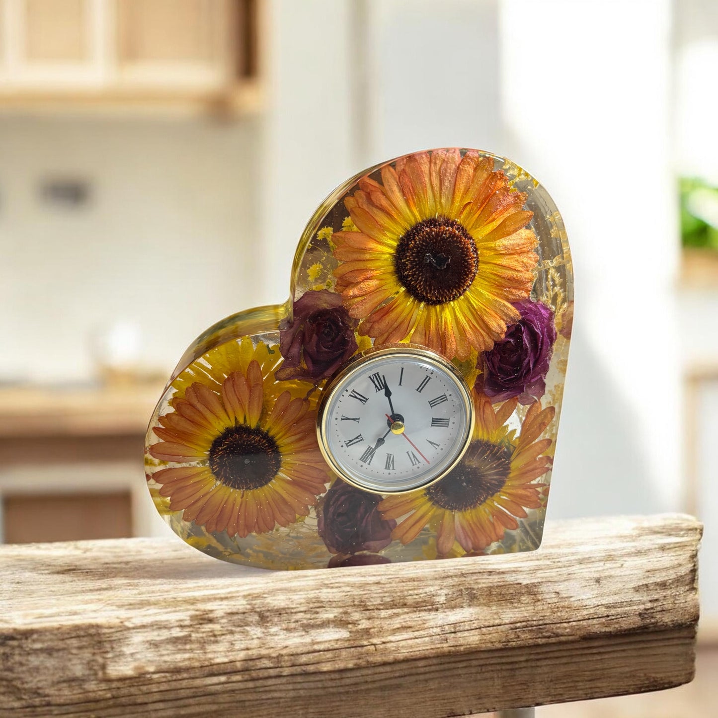 Clock-Floral Heart Shaped Self Standing- Roses, Daisies